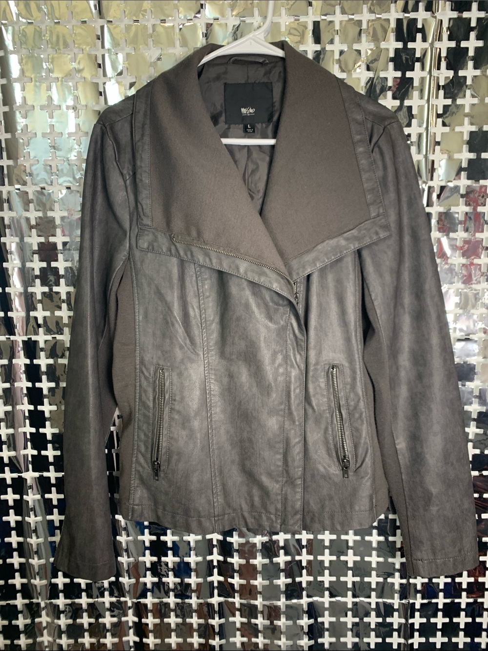 Mossino Women's Dark Gray Mixed-Media Leather Jacket with Shawl Collar
